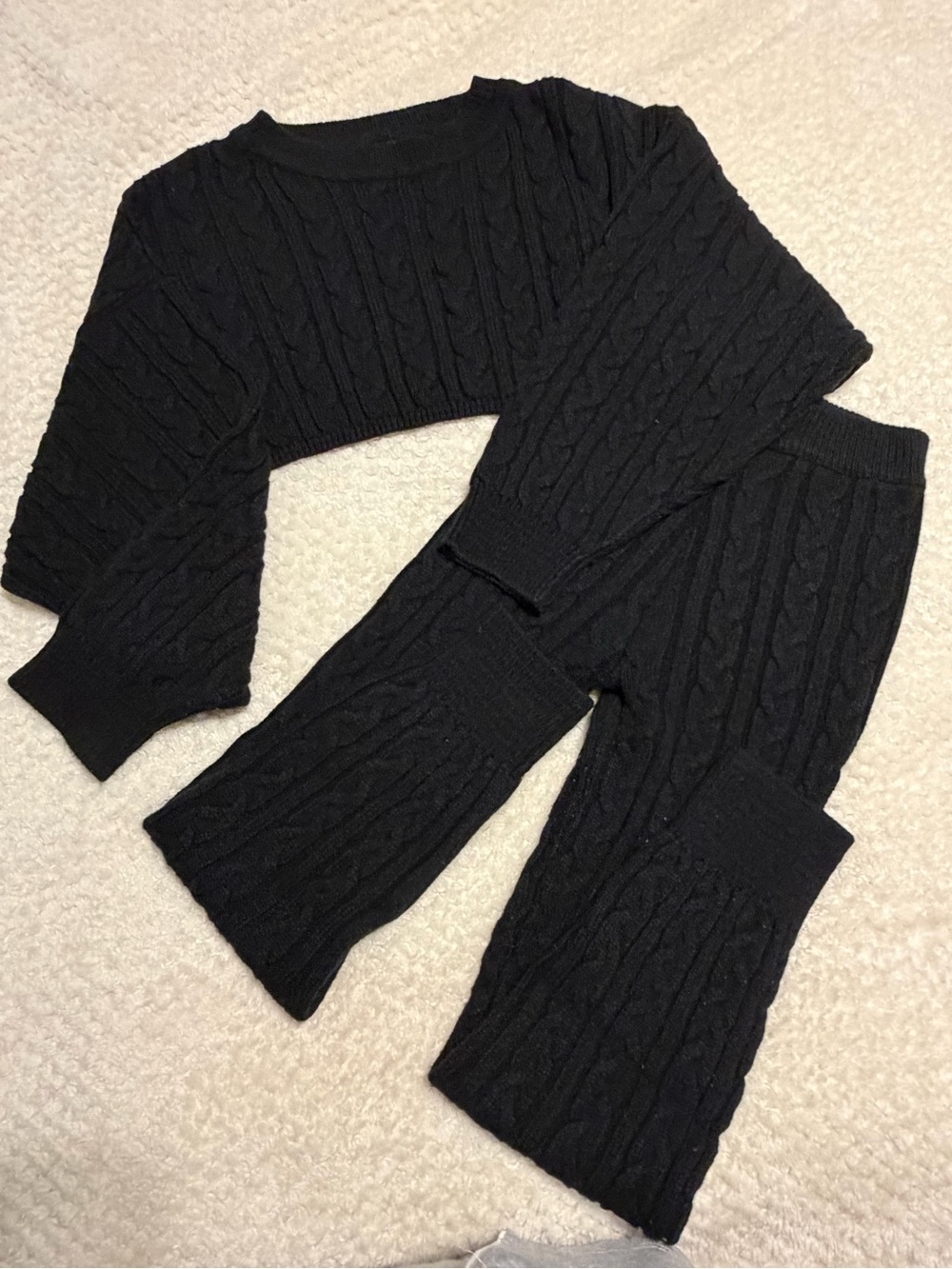 Fashion Nova Black Cable Knit Cropped Sweater & Pants Set